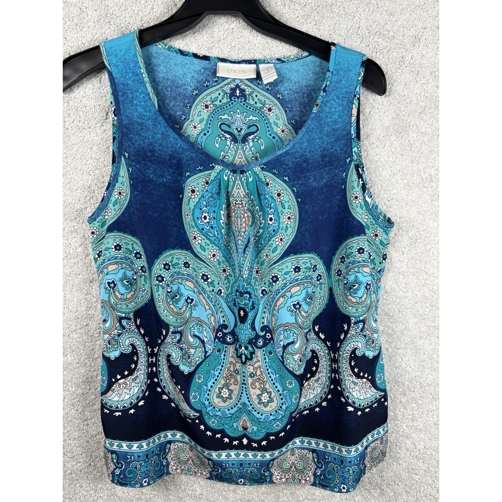 Chicos Womens Blue Paisley Print Shirt Top Blouse Pullover Sleeveless Tank S M 1